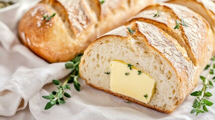 Freshly baked bread with butter and herbs, a perfect addition to any meal or occasion.