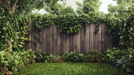 Lush Green Garden with Wooden Fence Surrounded by Vibrant Foliage