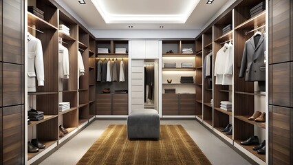 Design of modern luxury wardrobe walk in closet with carpet brown and white wall
