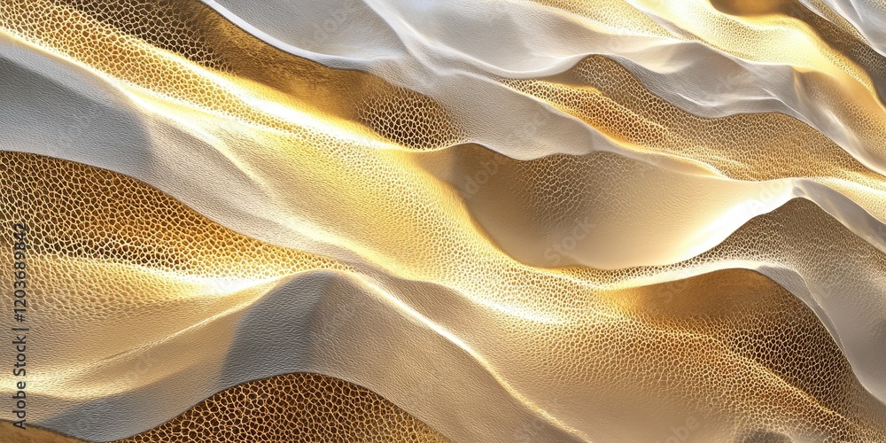 Poster abstract golden and white textured waves with cell-like patterns, 3d render.