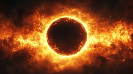Dramatic depiction of a solar event with fiery flames surrounding a dark sun in a cosmic background
