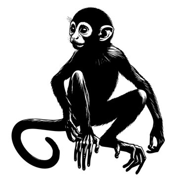 black and white illustration of a Spider monkey, silhouette of a Ateles