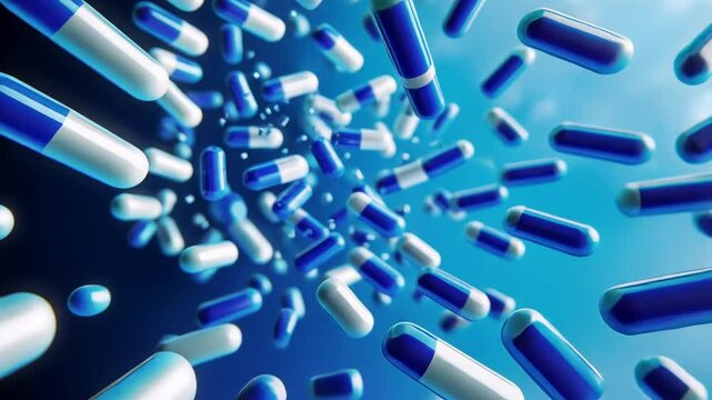 A Sea of Pills: Blue and white pills are suspended in mid-air, creating a visually striking abstract swirl that evokes the power and potential of modern medicine.