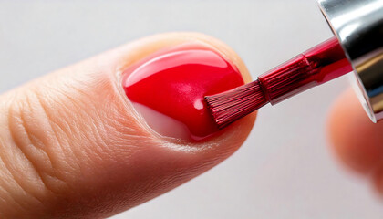 Close-up shot of a fingernail being painted with vibrant red nail polish.