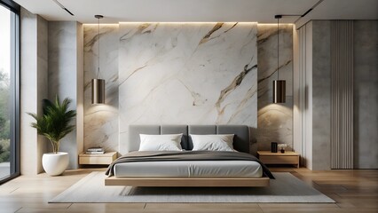 Minimalist interior Design of modern bedroom with marble wall
