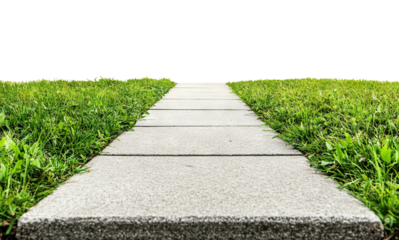 Concrete pathway surrounded by green grass, isolated on transparent cutout background
