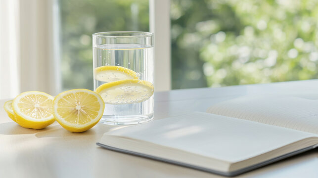 Water intake for hydration balance concept. Glass of lemon water on table with sliced lemons and open notebook nearby