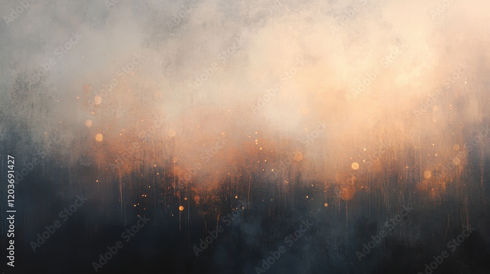 Poster ethereal abstract background with golden bokeh and dark textured gradient.