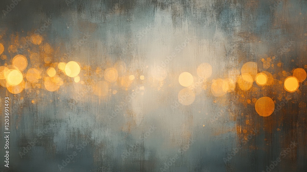 Poster abstract textured background with golden bokeh lights, dark grey and light blue canvas effect.
