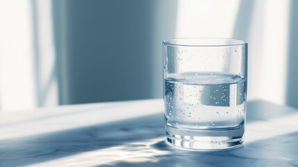 Water intake for hydration balance concept. clear glass of water on marble surface with soft sunlight and shadows