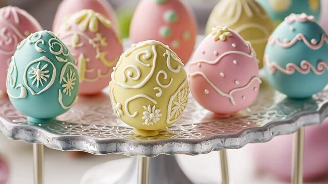 Elegant easter eggs on decorative stand: vibrant pastel colors and intricate designs displayed