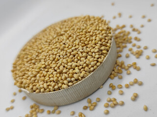 Millet seeds in a bowl on a white background, subject photography.