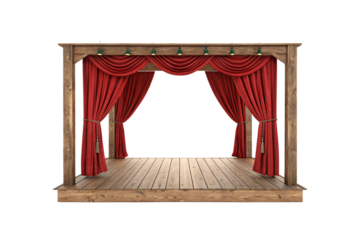 A simplistic wooden stage with bright red curtains and soft overhead lighting, perfect for an intimate, rustic performance. Isolated on a transparent background