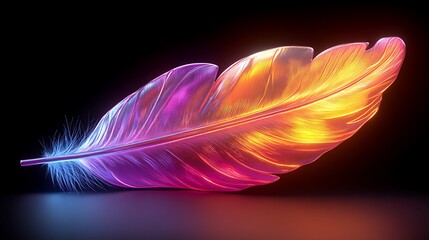 Glowing Feather: A single feather, rendered in vibrant shades of pink, purple, and orange, glows with an ethereal light against a stark black background.  The image evokes feelings of lightness.