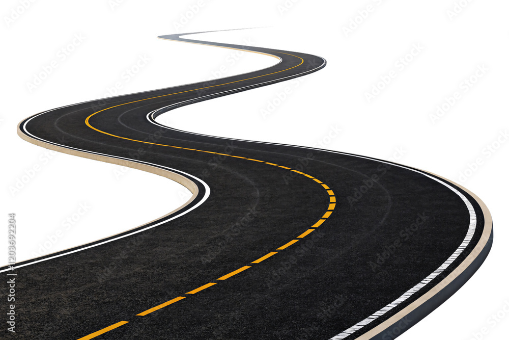 Poster a smooth meandering road with dashed yellow lines, bordered by white edges and a contrasting black s