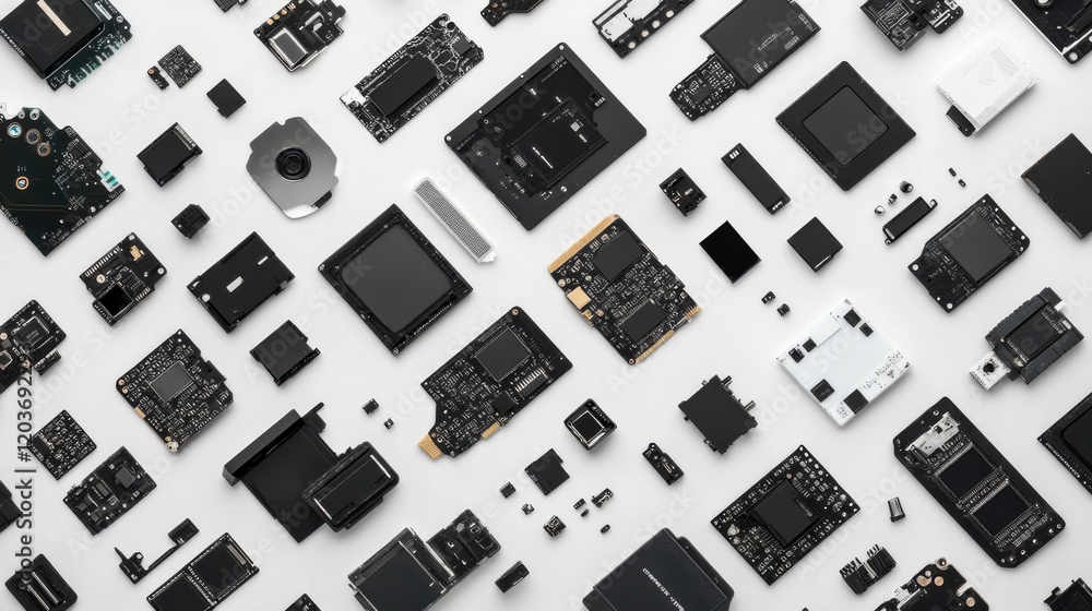 Poster aerial view of assorted electronic circuit boards and components arranged on a white background