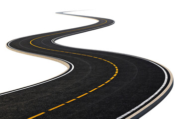 A smooth meandering road with dashed yellow lines, bordered by white edges and a contrasting black surface, evoking motion. Isolated on a transparent background