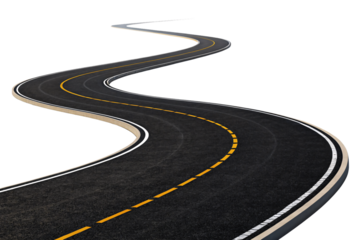 A smooth meandering road with dashed yellow lines, bordered by white edges and a contrasting black surface, evoking motion. Isolated on a transparent background