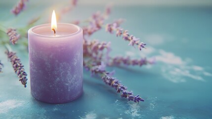 Spa candle with lavender scent on blue background
