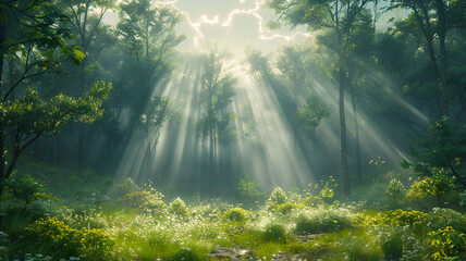 serene forest clearing with sunbeams streaming through trees, creating tranquil atmosphere