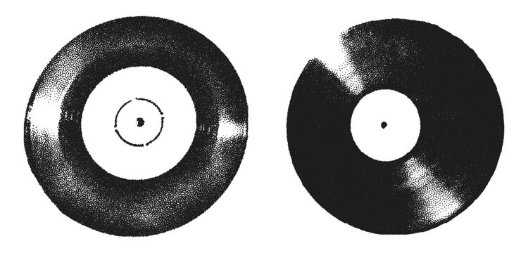 Trendy halftone stipple elements with photocopy effect. Vintage vinyl records, gramophone discs Grunge punk dotted stickers for collage, modern retro vector illustration for poster, print, music cover