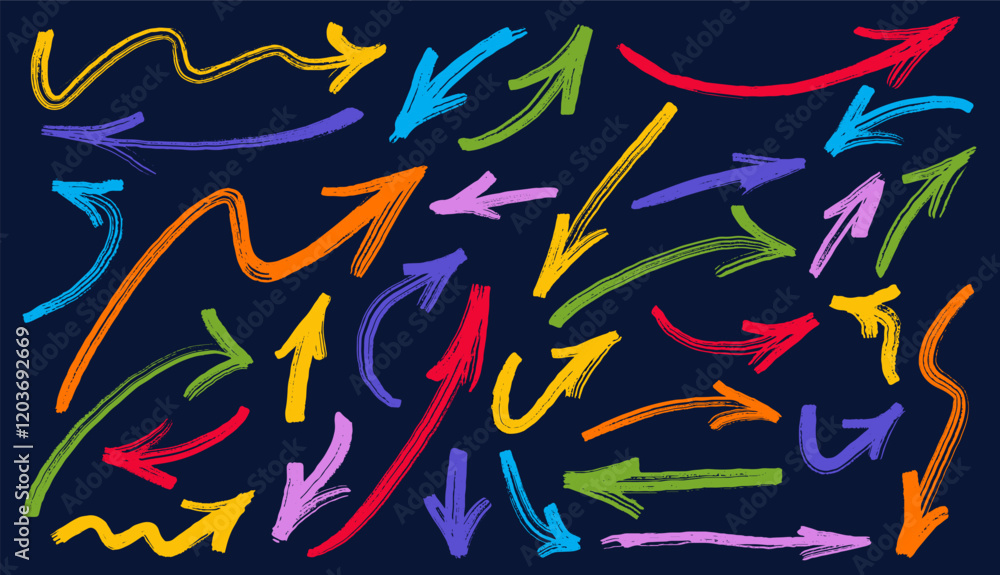 Poster set of arrow sign drawn with black crayon on dark background. vector marker drawn arrows. arrow icon