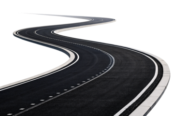 A winding asphalt road with white lane markings, curving dramatically. Isolated on a transparent background, symbolizing journey and exploration