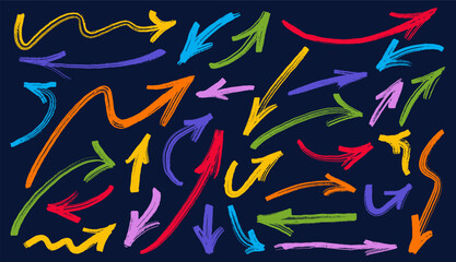 Set of arrow sign drawn with black crayon on dark background. Vector marker drawn arrows. Arrow icons isolated on white background. Direction elements, curve brush strokes, marker. Marker vector.