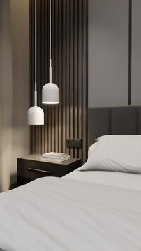 Small cozy bedroom with a TV area is designed in a modern style in warm colors. 3D rendering