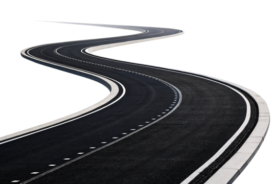 A winding asphalt road with white lane markings, curving dramatically. Isolated on a transparent background, symbolizing journey and exploration