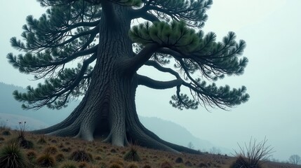 Ancient Conifer Dominates Misty Meadow Landscape, Its Massive Roots and Expansive Branches Reaching Toward a Pale Sky