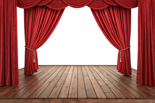 Deep red velvet curtains tied with golden tassels, framing a polished wooden floor for an immersive theatrical experience. Isolated on a transparent background