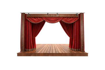 Ornate wooden stage with crimson curtains trimmed with gold tassels, spotlight-ready for a dramatic performance on its polished wooden floor. Isolated on a transparent background