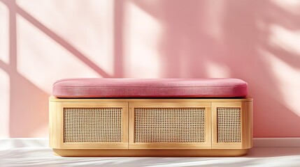 Storage bench with woven baskets and cushioned top on pink background