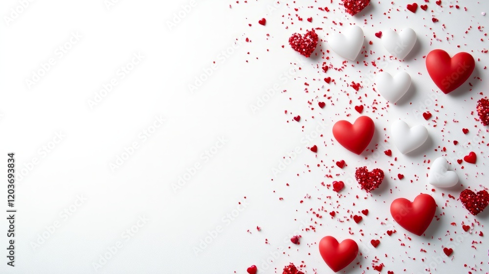 Poster thin minimalistic border with a touch of red and soft hearts for valentine's day, isolated on white