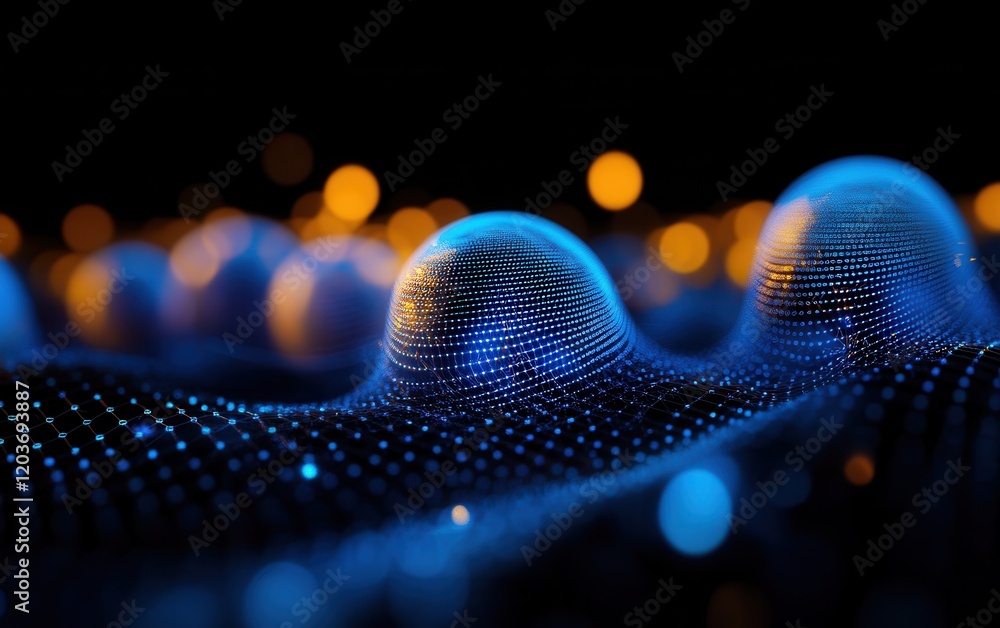 Poster abstract blue data network with glowing spheres and bokeh lights on black background.