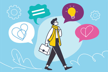 Stylized illustration, businessman with scarf, multiple colorful speech bubbles, flat design, vibrant colors, blue background, minimalist, digital art, vector graphic style, communication concept, th