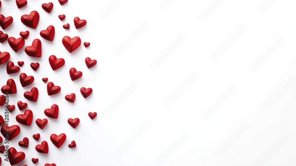 Poster thin minimalistic border with a touch of red and soft hearts for valentine's day, isolated on white
