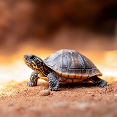 Obraz premium Small turtle resting on the ground in a natural outdoor setting under sunlight