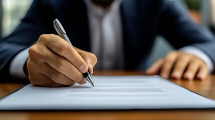 A Confident businessman signing a contract, surrounded by financial documents, symbolizing price guarantees and business security.	