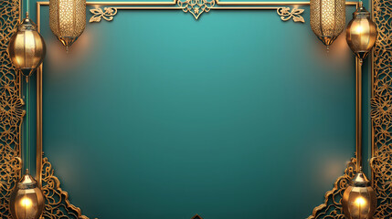Golden Islamic lanterns hanging on teal background with beautiful decorations and copy space.