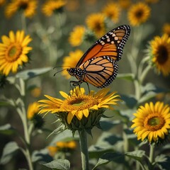 Obraz premium A vibrant monarch butterfly perched on a blooming sunflower, surrounded by a glowing meadow.