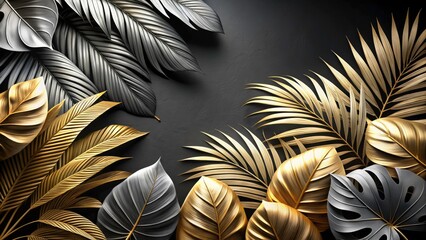 Luxury Black and White Art Background with Golden Tropical Leaves for Interior Decor, Web Design, and Packaging | Elegant Botanical Line Art Banner