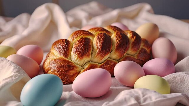 Colorful easter arrangement with braided bread and pastel eggs on soft fabric