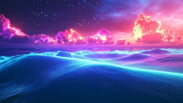 3D rendering of waves in the ocean with neon light, starry sky, glowing colorful clouds, night scene, fantasy landscape background, glowing waves, glowing sea,