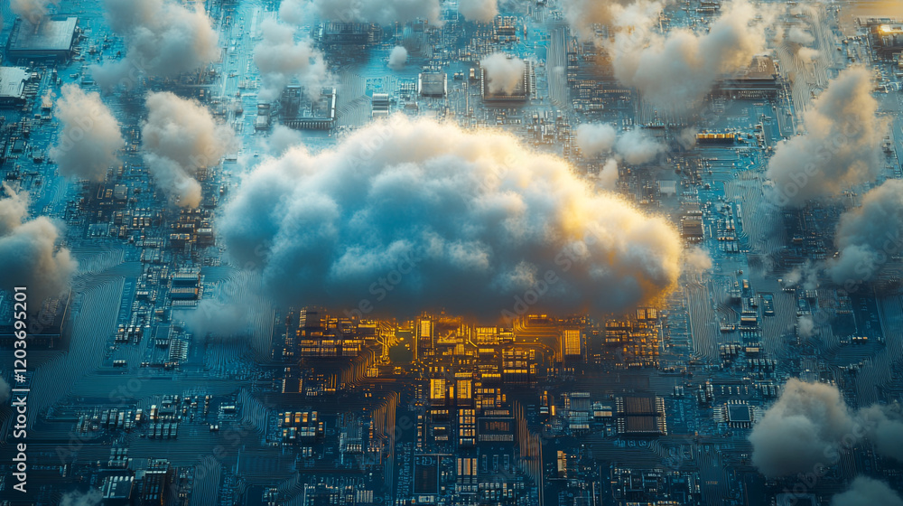 Poster digital cloud floating over a futuristic cityscape filled with technology and clouds