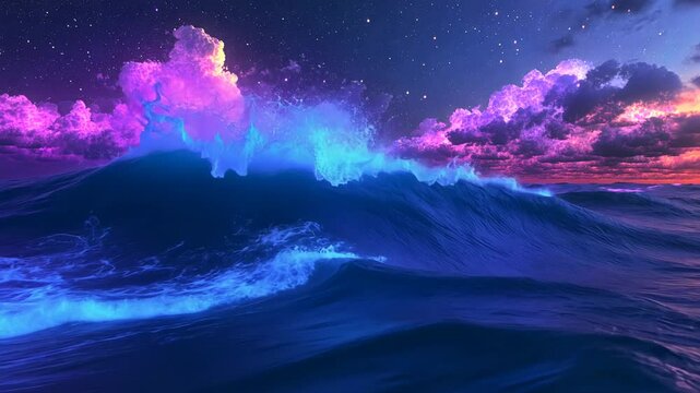 3D rendering of waves in the ocean with neon light, starry sky, glowing colorful clouds, night scene, fantasy landscape background, glowing waves, glowing sea,