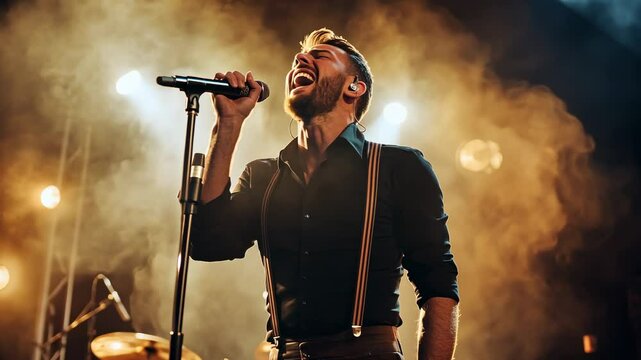 A handsome man is singing with a microphone in a retro style on stage, illuminated by bright lights. The focus of the photo should be him holding and screaming into a vintage microphone