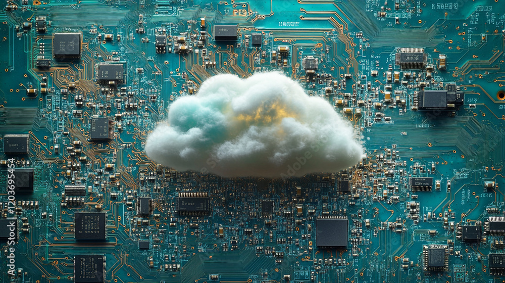 Poster cloud computing concept on a circuit board with a cloud formation over microchips