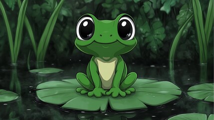 Obraz premium Charming Frog on a Lily Pad: A whimsical, cartoon-style green frog with big, expressive eyes perches contentedly on a lily pad in a tranquil pond. The serene scene exudes charm and tranquility.